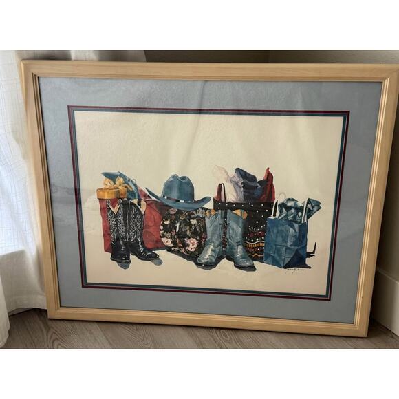 Shop Til You Drop by Karen Rae Vintage 1992 LARGE Framed Art Print Western Boots - Picture 1 of 4